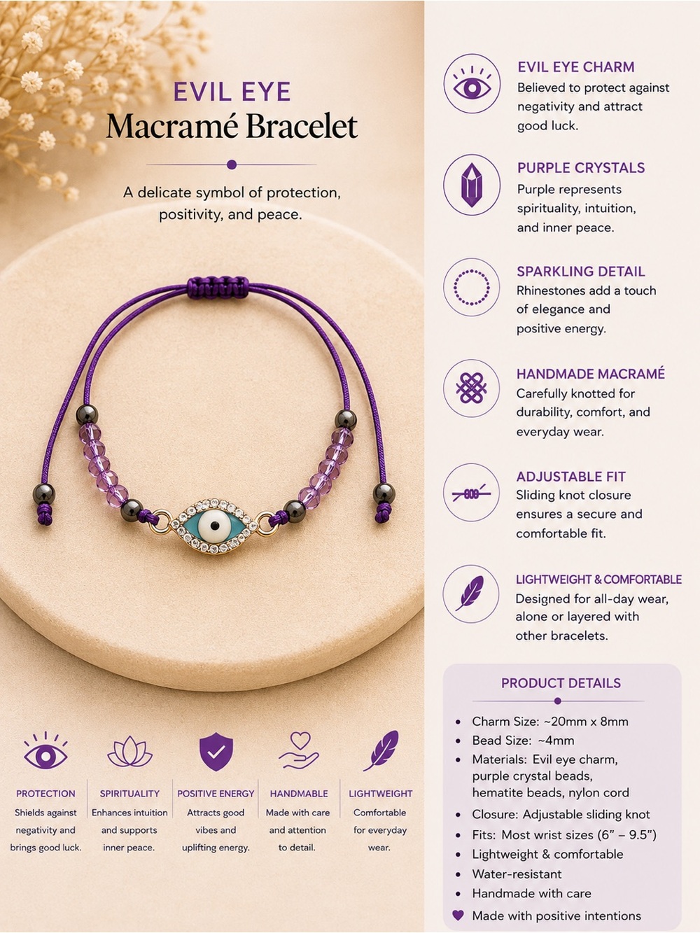 Purple Evil Eye Macramé Bracelet - Protection Charm